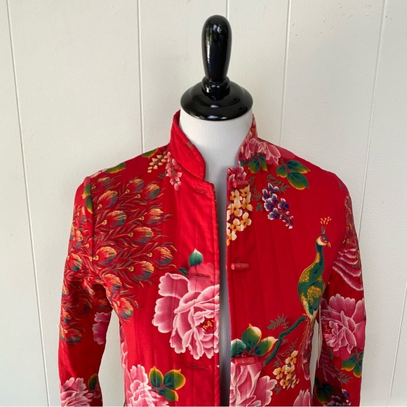 VTG Floral Peacock Mandarin Collar Jacket M 18”PTP Red Boho Chic Retro Artsy - Picture 3 of 16
